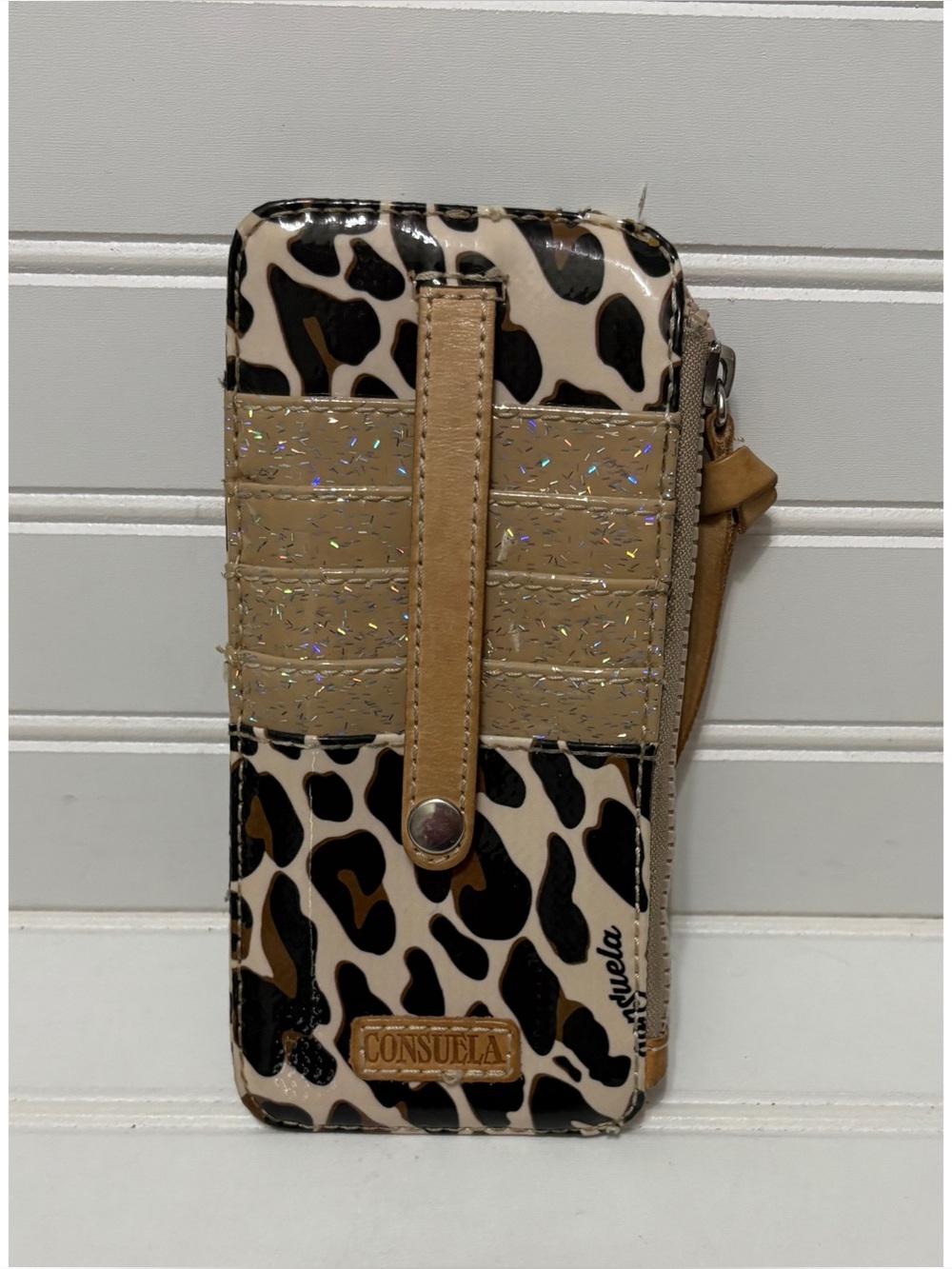 CONSUELA MONA Leopard Brown Black Card Organizer Zip Medium Leather Wallet